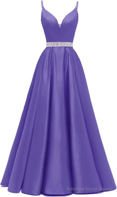 Spaghetti Straps Prom Dresses Long Satin Beaded V-Neck Formal Evening Party Ball Gowns with Pockets